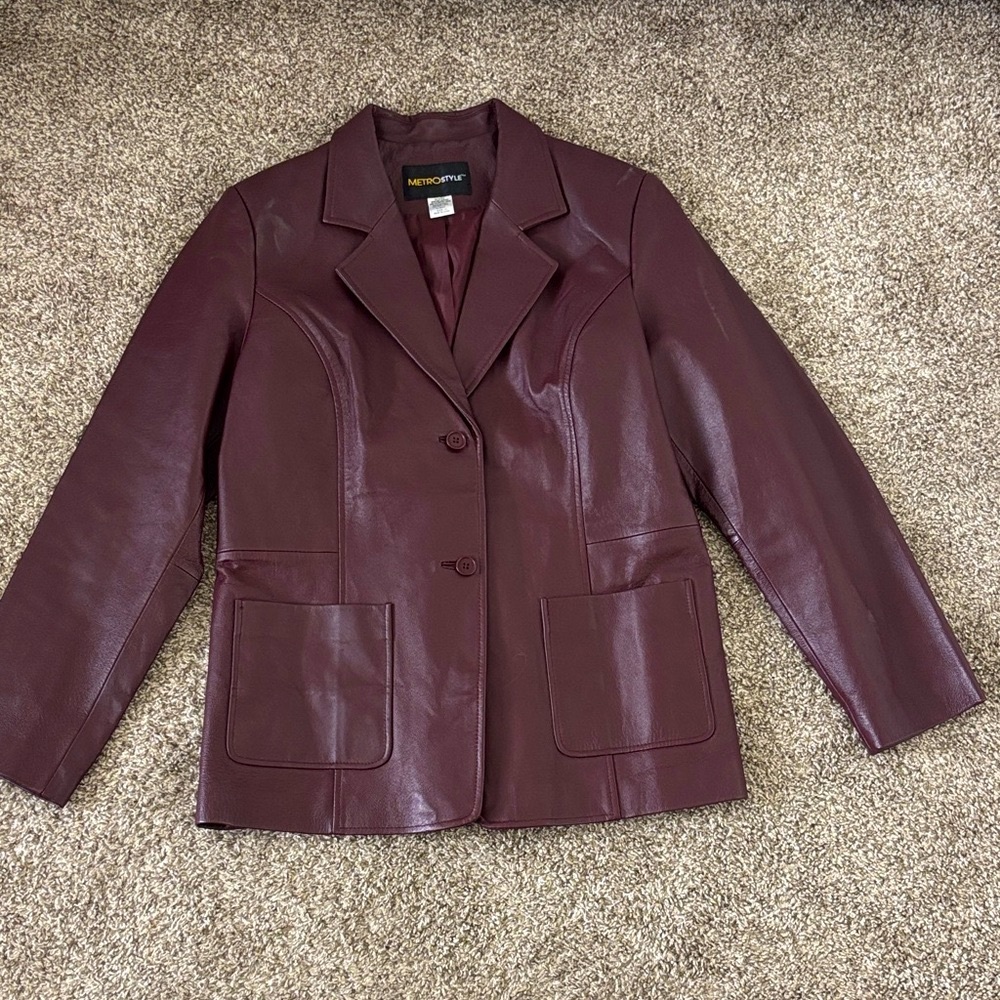 Vintage Classic Deep Burgundy Leather Blazer Coat Jacket Size 14